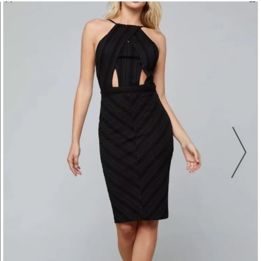 BEBE Halter Cut-Out Midi Dress, Jet Black, sz L, satin lined